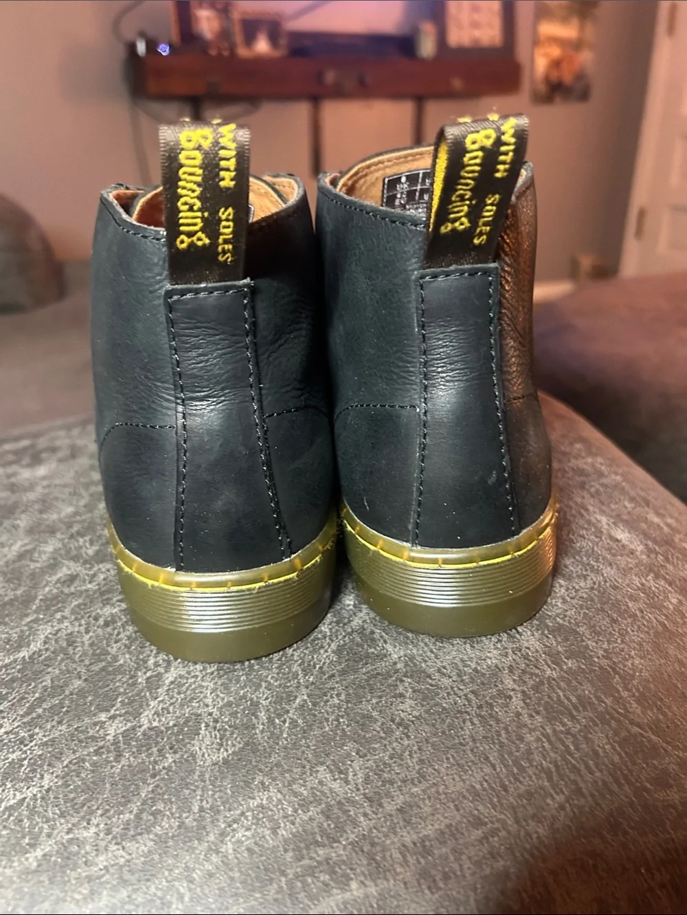 Dr. Martens Black Leather Lace-Up Boots with Gold Trim, Sz Men’s 9